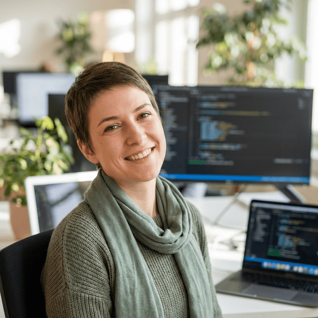 Maya Torres smiling at a desk with project notes