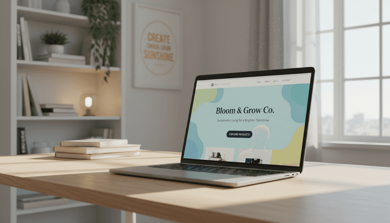 A modern website displayed on a laptop in a clean, bright home office