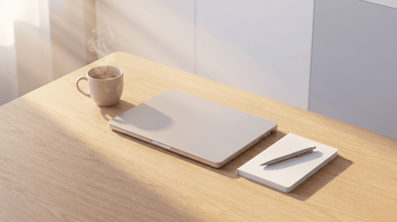 Laptop on a desk with a notebook and coffee, representing web development work